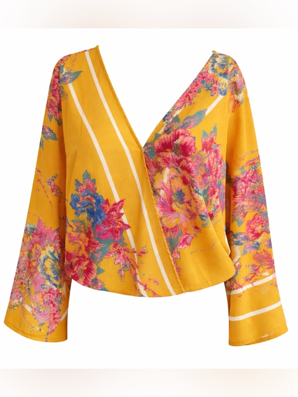 🌼 Flying Tomato Mustard Floral Wrap Top | Boho Bell Sleeve Blouse M